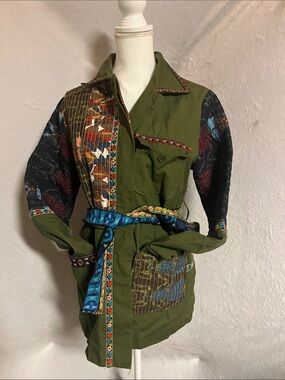 Adore Olive Green Patchwork Utility Jacket with Decorative Trim